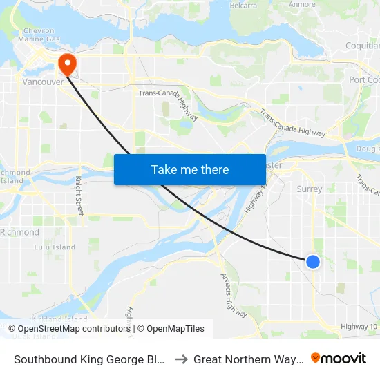 Southbound King George Blvd @ 80 Ave to Great Northern Way Campus map