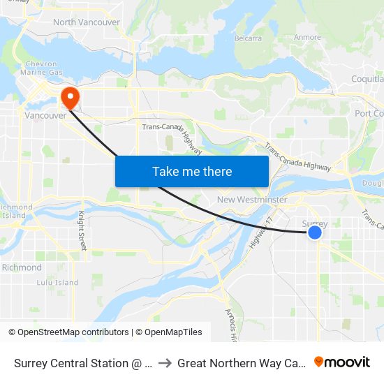 Surrey Central Station @ Bay 6 to Great Northern Way Campus map