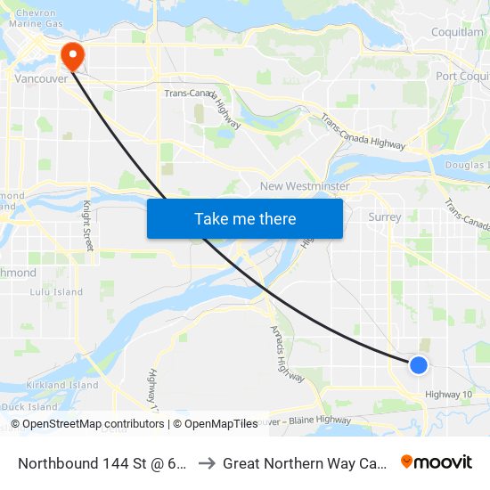Northbound 144 St @ 64 Ave to Great Northern Way Campus map