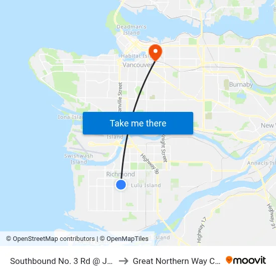 Southbound No. 3 Rd @ Jones Rd to Great Northern Way Campus map