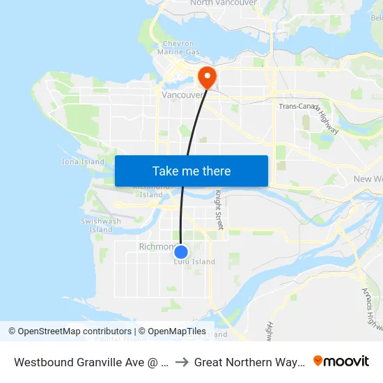 Westbound Granville Ave @ 9700 Block to Great Northern Way Campus map
