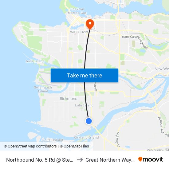 Northbound No. 5 Rd @ Steveston Hwy to Great Northern Way Campus map