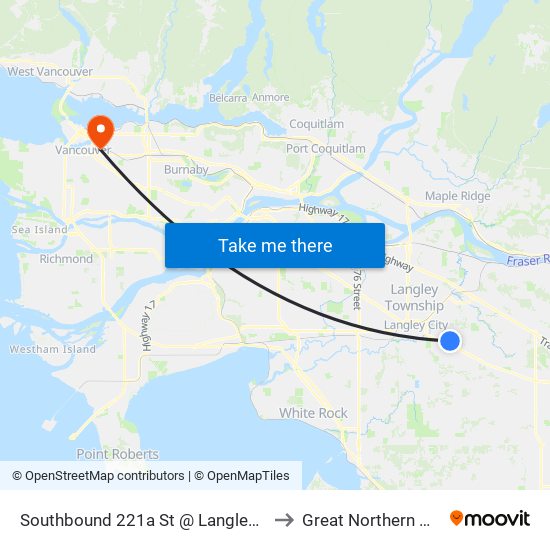 Southbound 221a St @ Langley Memorial Hospital to Great Northern Way Campus map