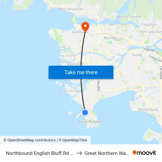 Northbound English Bluff Rd @ 1000 Block to Great Northern Way Campus map