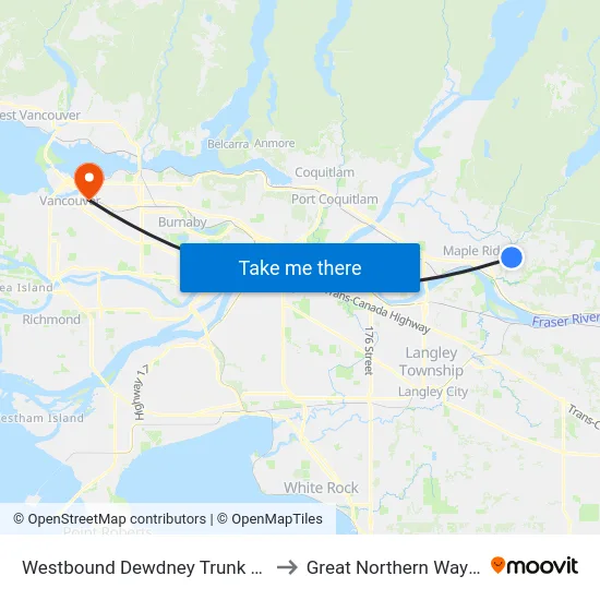 Westbound Dewdney Trunk Rd @ 240 St to Great Northern Way Campus map