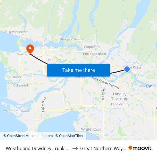 Westbound Dewdney Trunk Rd @ 216 St to Great Northern Way Campus map