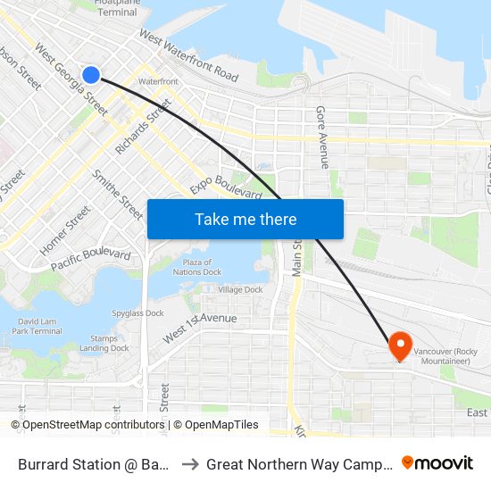 Burrard Station @ Bay 1 to Great Northern Way Campus map