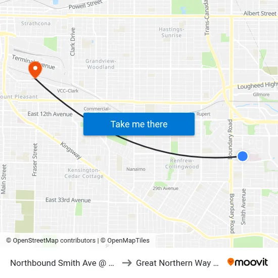 Northbound Smith Ave @ Sunset St to Great Northern Way Campus map