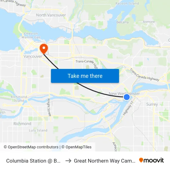 Columbia Station @ Bay 3 to Great Northern Way Campus map