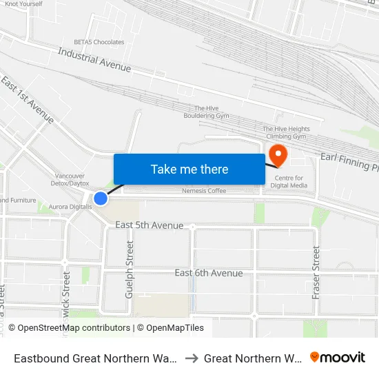 Eastbound Great Northern Way @ Brunswick St to Great Northern Way Campus map