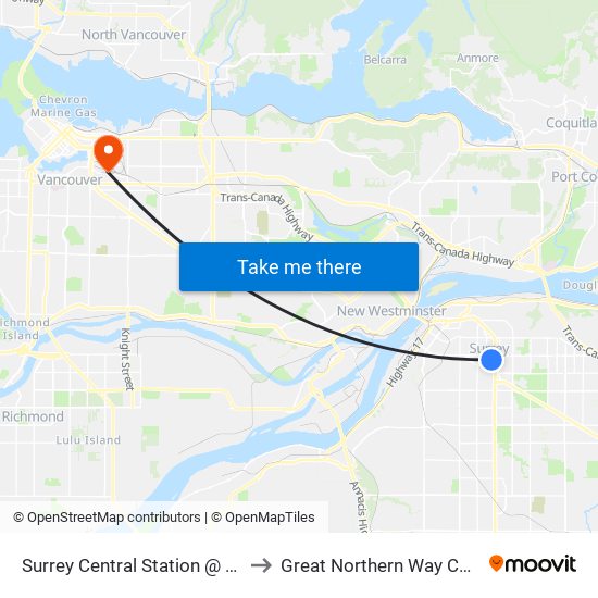 Surrey Central Station @ Bay 12 to Great Northern Way Campus map