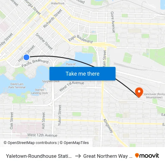 Yaletown-Roundhouse Station @ Bay 1 to Great Northern Way Campus map