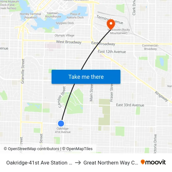 Oakridge-41st Ave Station @ Bay 4 to Great Northern Way Campus map