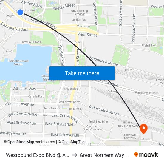 Westbound Expo Blvd @ Abbott St to Great Northern Way Campus map