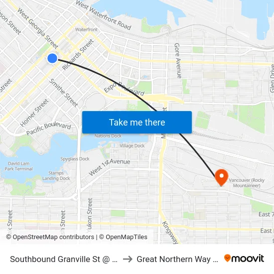 Southbound Granville St @ Robson St to Great Northern Way Campus map
