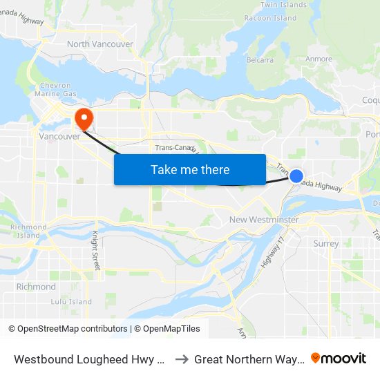 Westbound Lougheed Hwy @ 700 Block to Great Northern Way Campus map