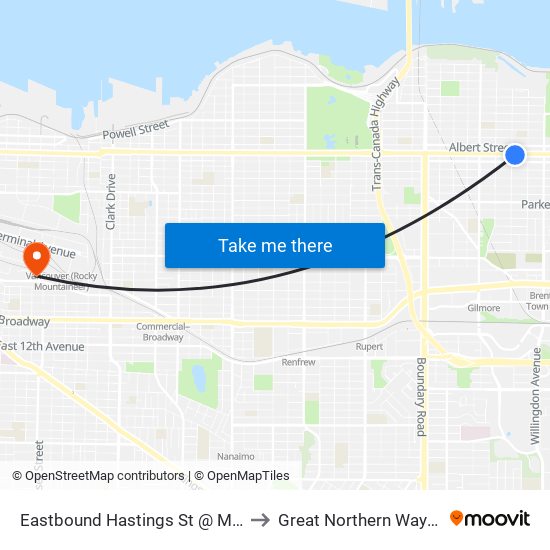Eastbound Hastings St @ Madison Ave to Great Northern Way Campus map