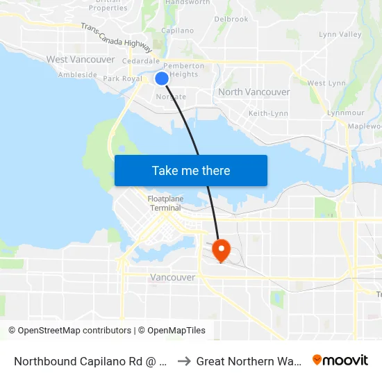 Northbound Capilano Rd @ Fullerton Ave to Great Northern Way Campus map