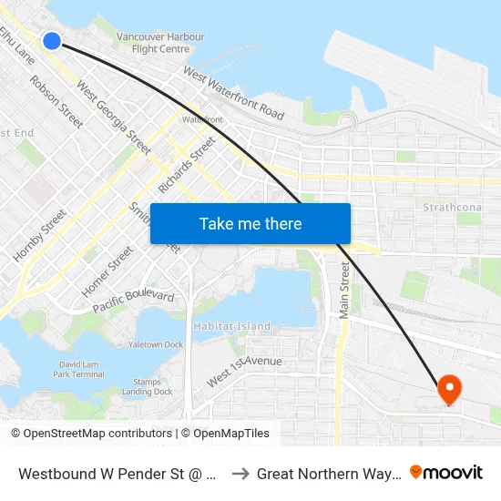 Westbound W Pender St @ Broughton St to Great Northern Way Campus map