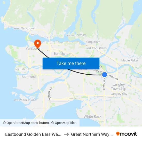 Eastbound Golden Ears Way @ 176 St to Great Northern Way Campus map