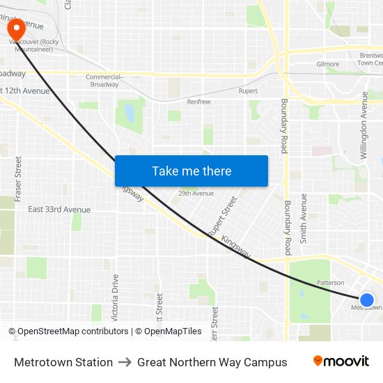 Metrotown Station to Great Northern Way Campus map