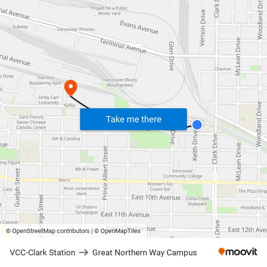 VCC-Clark Station to Great Northern Way Campus map