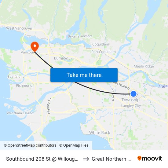 Southbound 208 St @ Willoughby Town Centre Dr to Great Northern Way Campus map