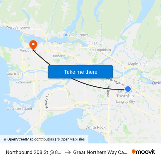 Northbound 208 St @ 80 Ave to Great Northern Way Campus map