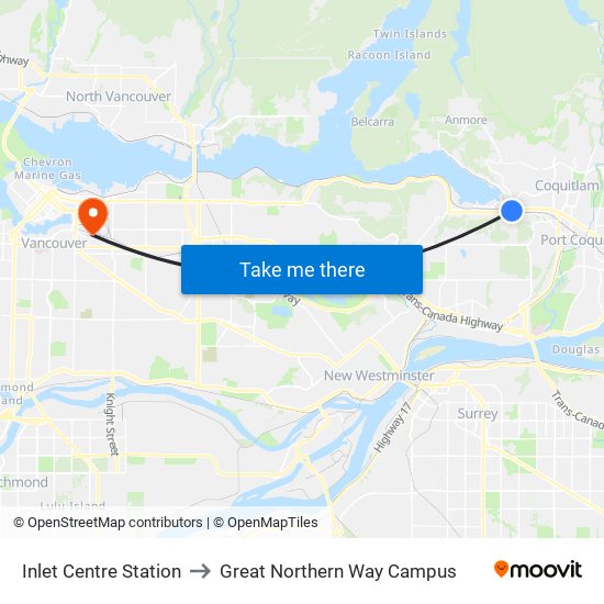 Inlet Centre Station to Great Northern Way Campus map