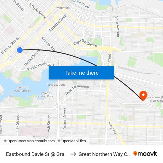 Eastbound Davie St @ Granville St to Great Northern Way Campus map