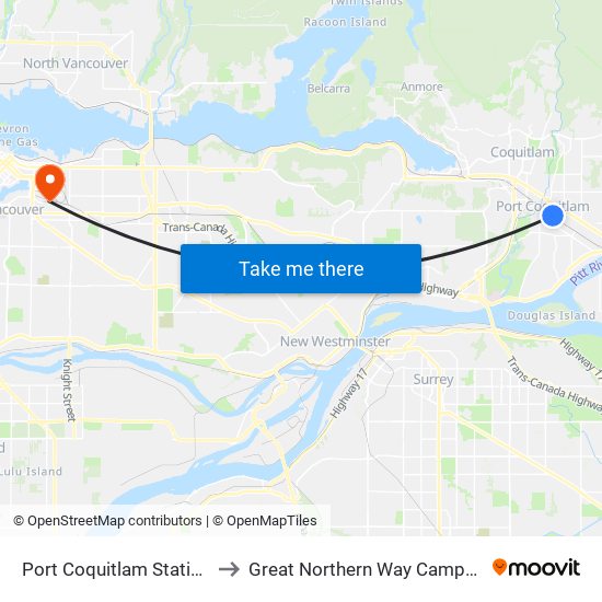 Port Coquitlam Station to Great Northern Way Campus map