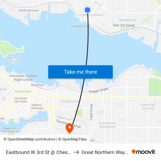 Eastbound W 3rd St @ Chesterfield Ave to Great Northern Way Campus map