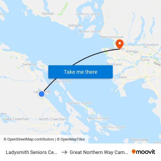 Ladysmith Seniors Centre to Great Northern Way Campus map