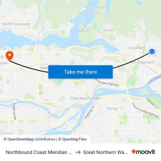 Northbound Coast Meridian Rd @ Apel Dr to Great Northern Way Campus map