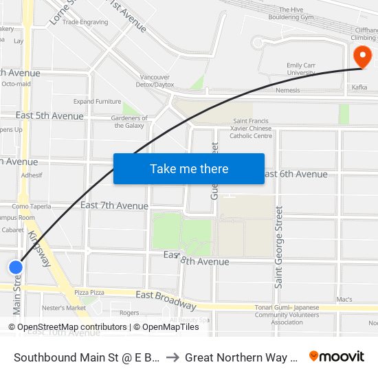 Southbound Main St @ E Broadway to Great Northern Way Campus map