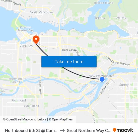 Northbound 6th St @ Carnarvon St to Great Northern Way Campus map