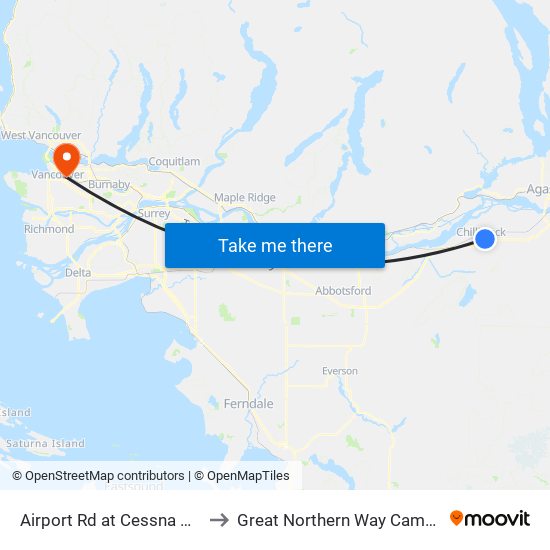 Airport Rd at Cessna Dr E to Great Northern Way Campus map