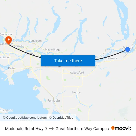 Mcdonald Rd at Hwy 9 to Great Northern Way Campus map