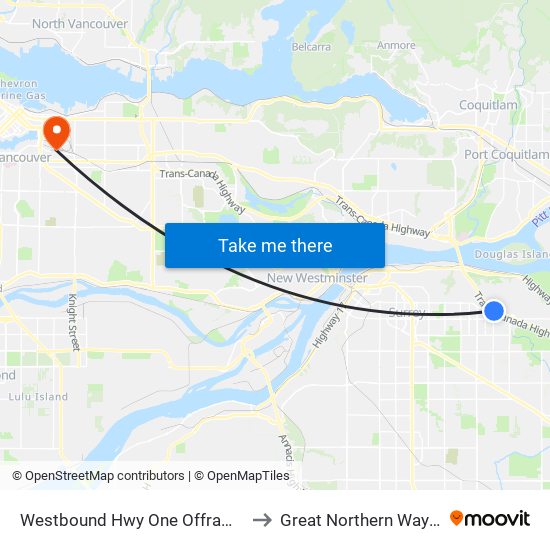 Westbound Hwy One Offramp @ 156 St to Great Northern Way Campus map