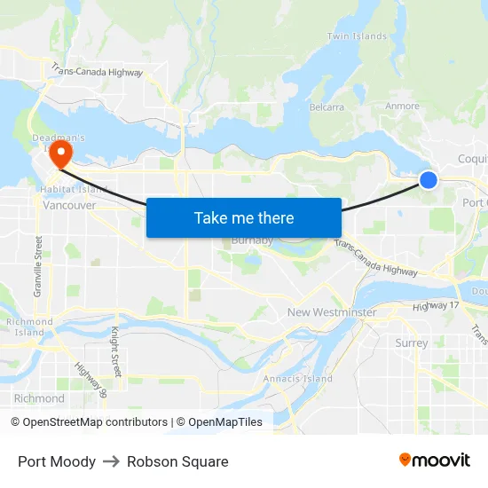 Port Moody to Robson Square map