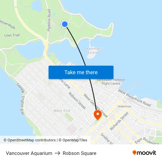Vancouver Aquarium to Robson Square map