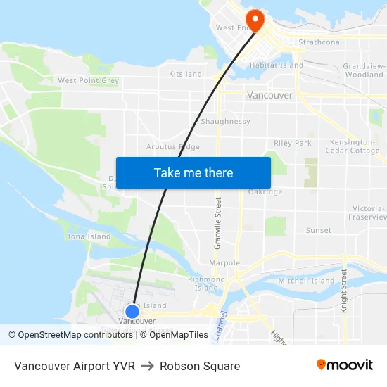 Vancouver Airport YVR to Robson Square map