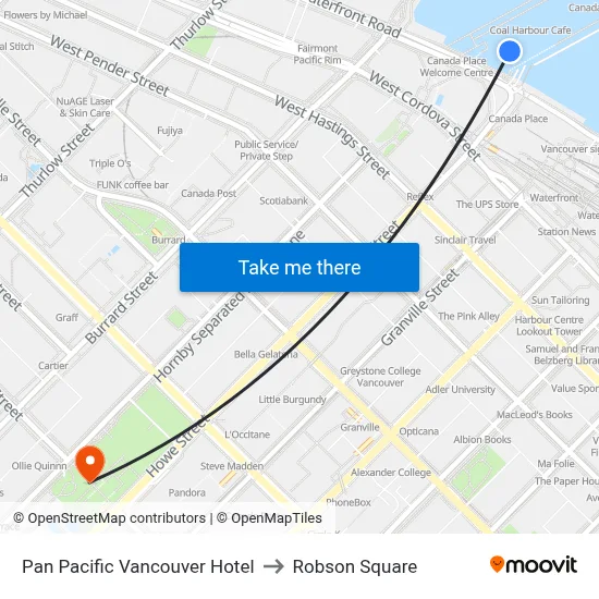 Pan Pacific Vancouver Hotel to Robson Square map