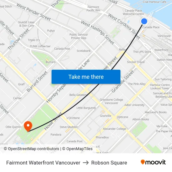 Fairmont Waterfront Vancouver to Robson Square map