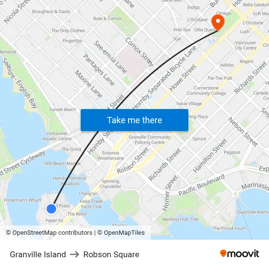 Granville Island to Robson Square map