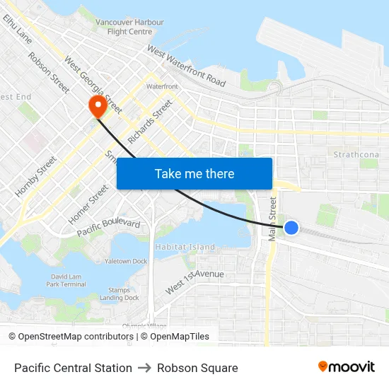 Pacific Central Station to Robson Square map