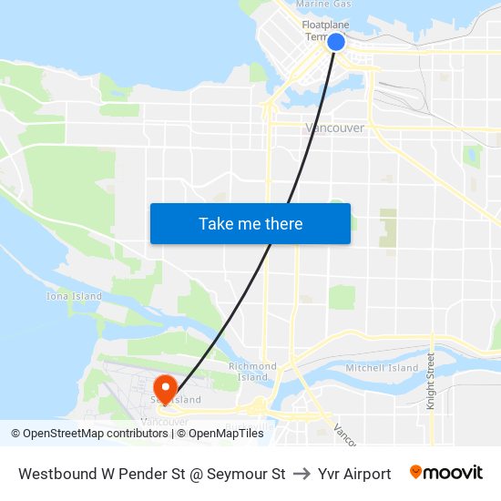 Westbound W Pender St @ Seymour St to Yvr Airport map