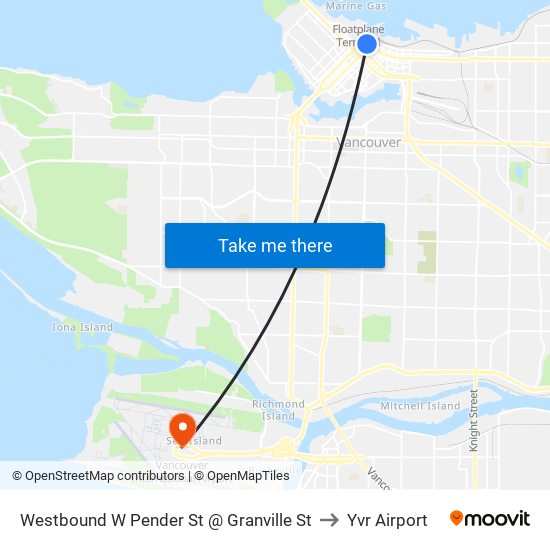 Westbound W Pender St @ Granville St to Yvr Airport map