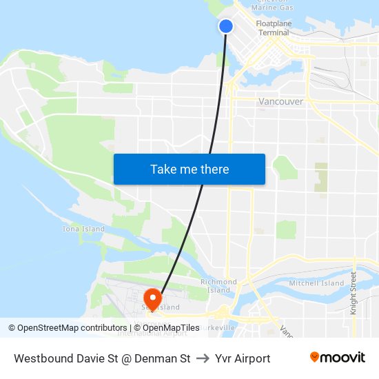 Westbound Davie St @ Denman St to Yvr Airport map