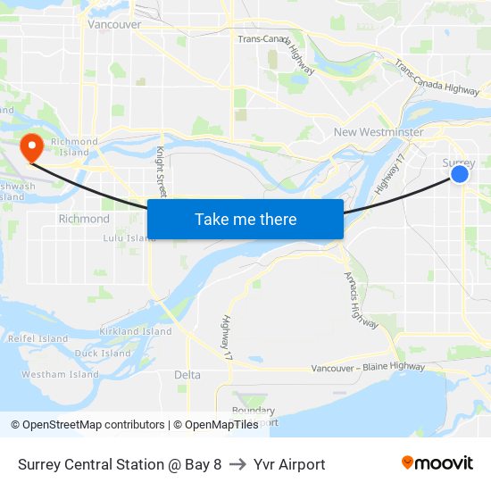Surrey Central Station @ Bay 8 to Yvr Airport map